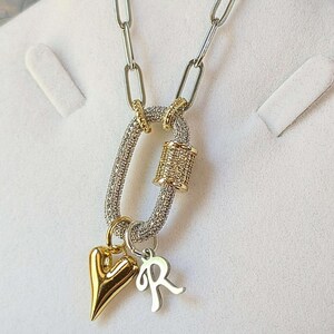 Silver Initial Heart Carabiner Necklace - 20 inch - - LadybugfeetDesigns -