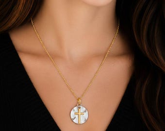 Gold Cross on Silver Two-Tone Necklace, 20 inches - Gold