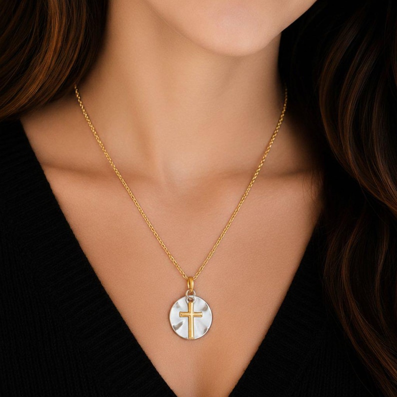 Gold Cross on Silver Two-Tone Necklace, 20 inches - Gold - - LadybugfeetDesigns -