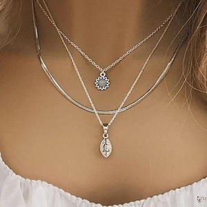 Sunflower Initial Leaf Layered Necklace Set, Silver - - LadybugfeetDesigns -
