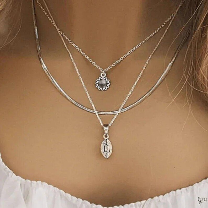 Sunflower Initial Leaf Layered Necklace Set, Silver - - LadybugfeetDesigns -