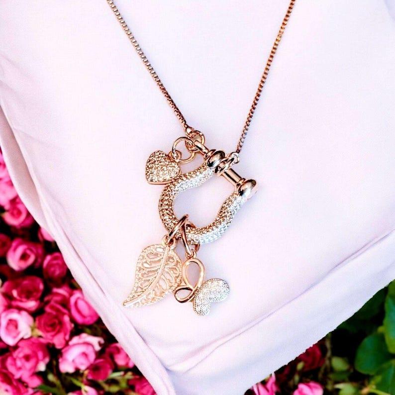 Leaf Butterfly Shackle Clasp Carabiner Charm Necklace, Rose-Gold - Adjustable up to 24 inches - - LadybugfeetDesigns -