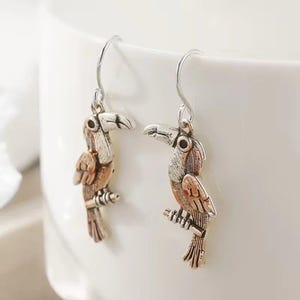 Rustic Toucan Hook Earrings, Silver - - LadybugfeetDesigns -