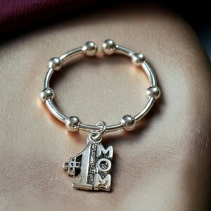 1 Mom Sterling Silver Adjustable Charm Ring - - LadybugfeetDesigns -