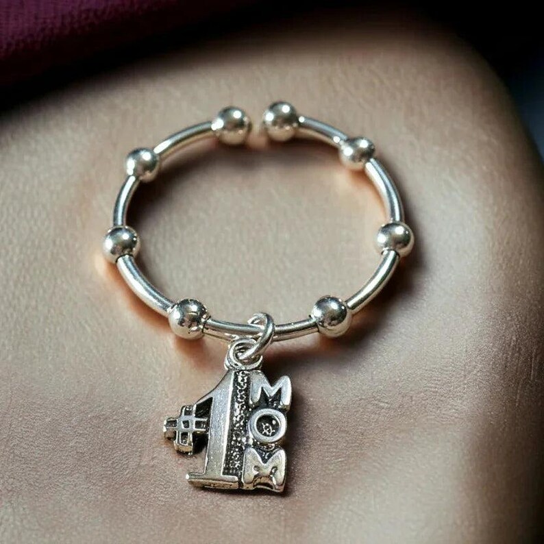1 Mom Sterling Silver Adjustable Charm Ring - - LadybugfeetDesigns -