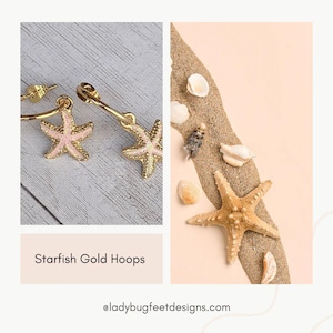 Pink Starfish Gold Hoop earrings, Hoop Drop