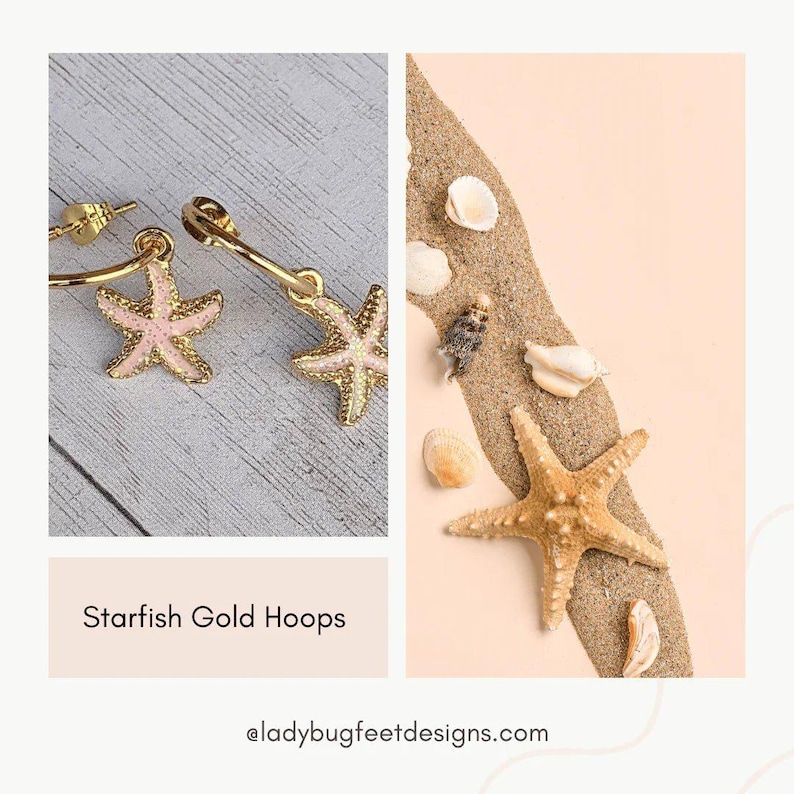 Pink Starfish Gold Hoop earrings, Hoop Drop
