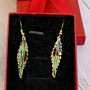 Abalone Feather dangle earrings, Gold - - LadybugfeetDesigns -