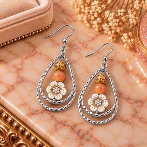 Gold Bead Hammered Teardrop Flower Bead Earrings, Silver - - LadybugfeetDesigns -