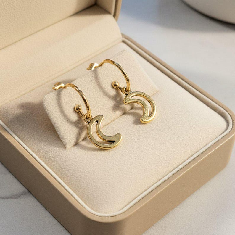 Crescent Moon Hoop earrings, Gold - 16mm - - LadybugfeetDesigns -