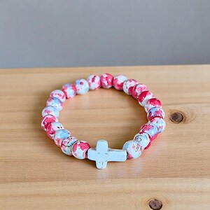Hot Pink Baby Blue Beaded Cross Stretch bracelet - - LadybugfeetDesigns -