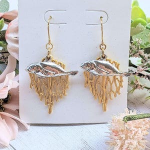 Silver Manatee Gold Seaweed Forest earrings - - LadybugfeetDesigns -