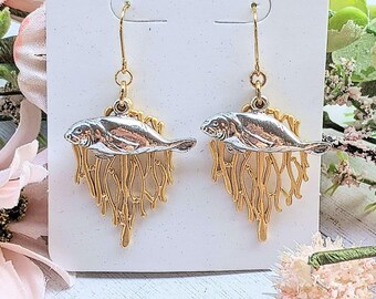 Silver Manatee Gold Seaweed Forest earrings