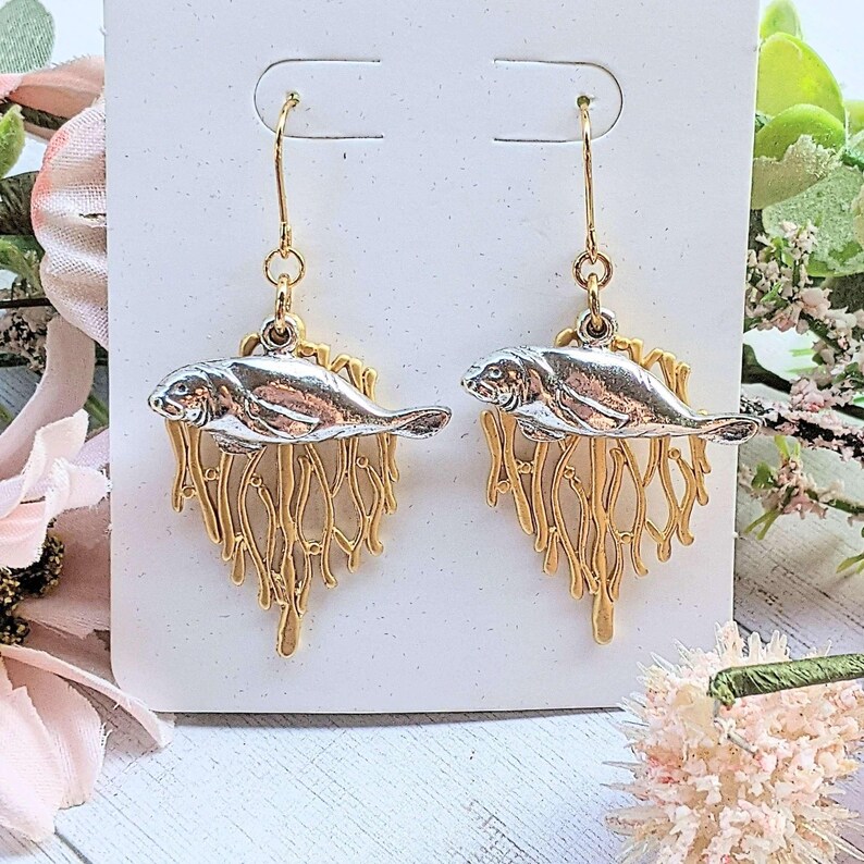 Silver Manatee Gold Seaweed Forest earrings - - LadybugfeetDesigns -