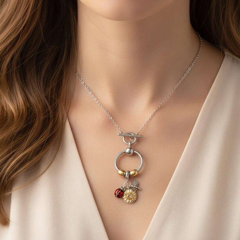 Garden Party Sterling Silver Toggle Charm Necklace, 20 inches - - LadybugfeetDesigns -