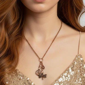 Dragonfly Charm Keeper Necklace, Antique Copper - 18-24 inch - - LadybugfeetDesigns -