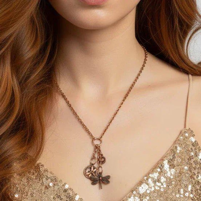Dragonfly Charm Keeper Necklace, Antique Copper - 18-24 inch - - LadybugfeetDesigns -