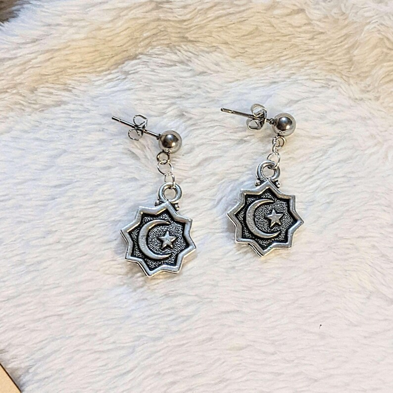 Crescent Moon/Star Charm Drop Stud Earrings-Silver - - LadybugfeetDesigns -