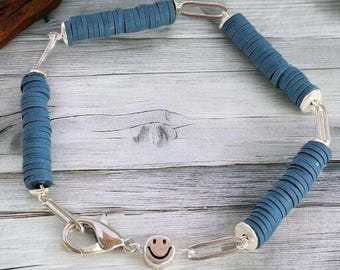 Dark Blue Smiley Paperclip Chain Bracelet, Silver