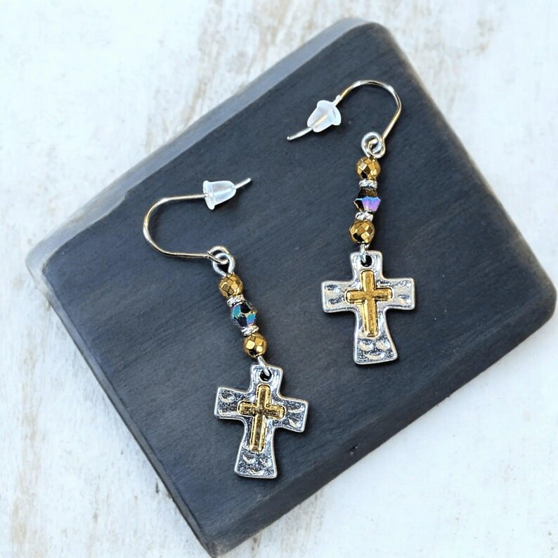 Two-Tone Cross Beaded Earrings - - LadybugfeetDesigns -