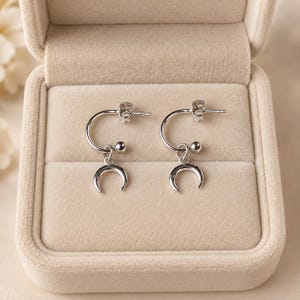 Downward Crescent MoOn Mini Hoop Huggie Earrings, Silver- 12mm - - LadybugfeetDesigns -