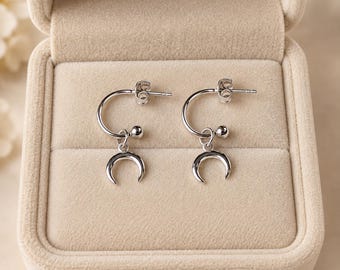 Downward Crescent Moon Mini Hoop Huggie Earrings, Silver- 12mm