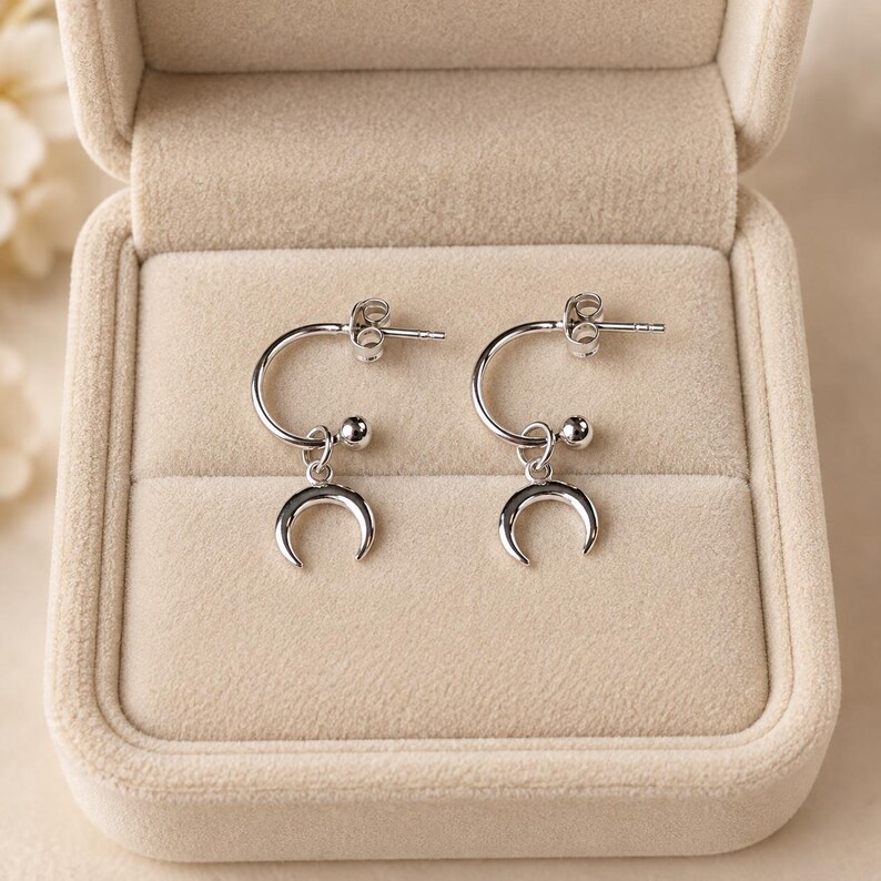 Downward Crescent MoOn Mini Hoop Huggie Earrings, Silver- 12mm - - LadybugfeetDesigns -