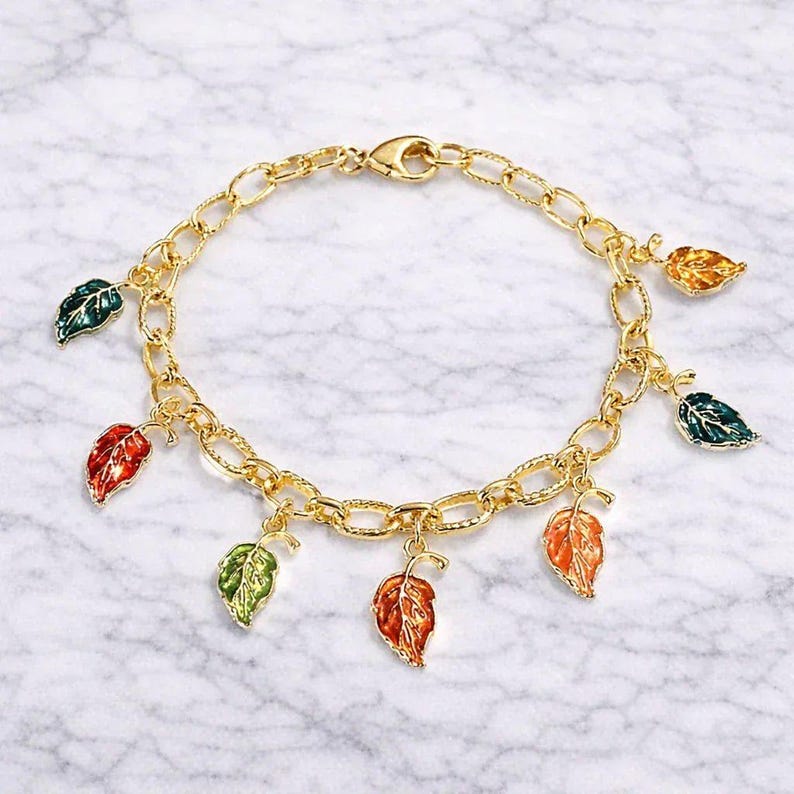 Autumn Leaves Textured Gold Chain Bracelet - - LadybugfeetDesigns -