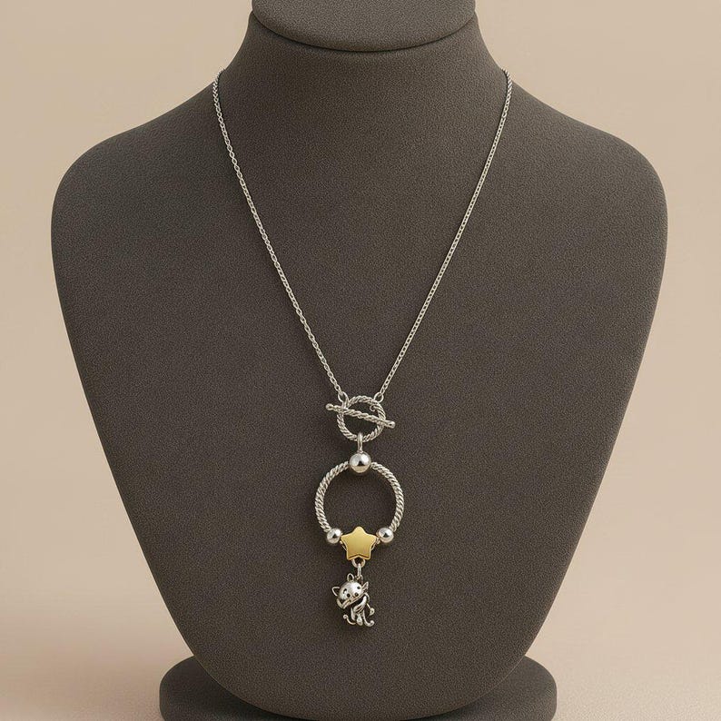 Kitty And Balloon Sterling Silver Toggle Charm Necklace, 20 inches - - LadybugfeetDesigns -
