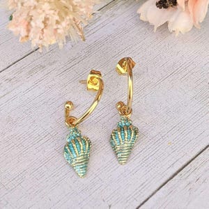 Sea Blue Conch Seashell hoop earrings, Gold - 16mm - - LadybugfeetDesigns -