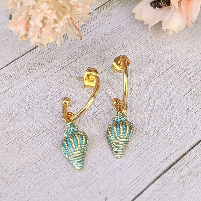 Sea Blue Conch Seashell hoop earrings, Gold - 16mm - - LadybugfeetDesigns -