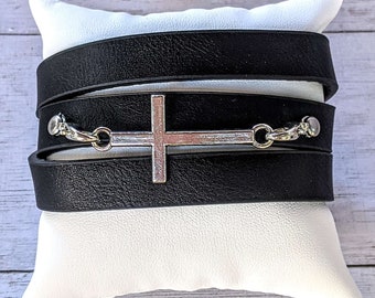 Sideways Cross Faux Leather Wrap Bracelet