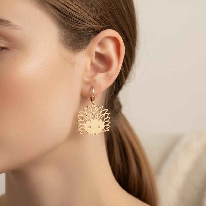 Hedgehog Hoop Charm Earrings, Gold -15mm - - LadybugfeetDesigns -