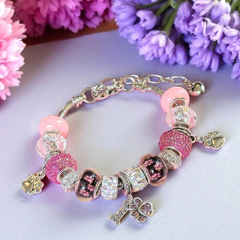 Dog Paw European beaded bracelet - Silver - - LadybugfeetDesigns -