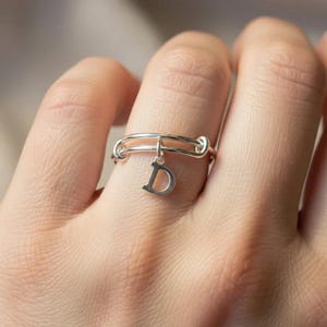 Sterling Silver Initial Charm Ring/Gift for her/Sterling Silver Mini Bangle - - LadybugfeetDesigns -