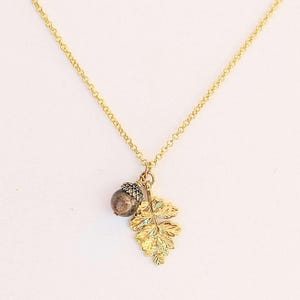 Acorn Oak Leaf Necklace, Gold - - LadybugfeetDesigns -