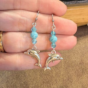 Dolphin Larimar Beaded Hook Earrings, Silver - - LadybugfeetDesigns -