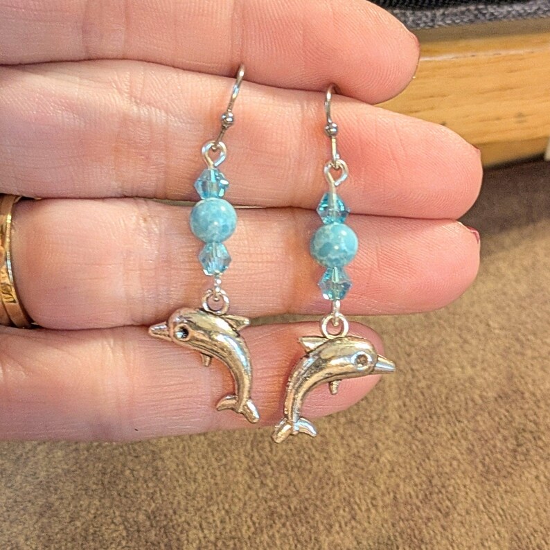 Dolphin Larimar Beaded Hook Earrings, Silver - - LadybugfeetDesigns -