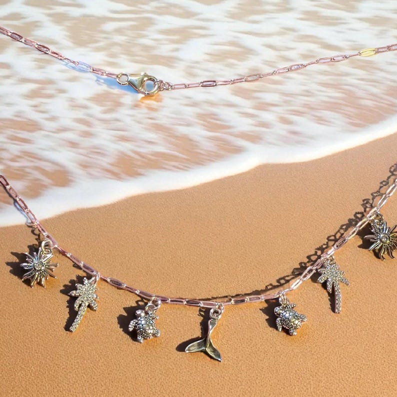 Tropic Vacation Multi Charm Link Necklace, .925 Sterling Silver - 20 inch - - LadybugfeetDesigns -