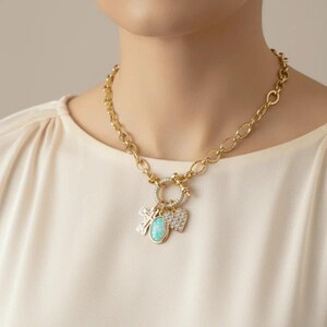Two Tone Cross, Faux Opal and Heart Shackle Clasp Carabiner Necklace, Gold - 20 inch - - LadybugfeetDesigns -