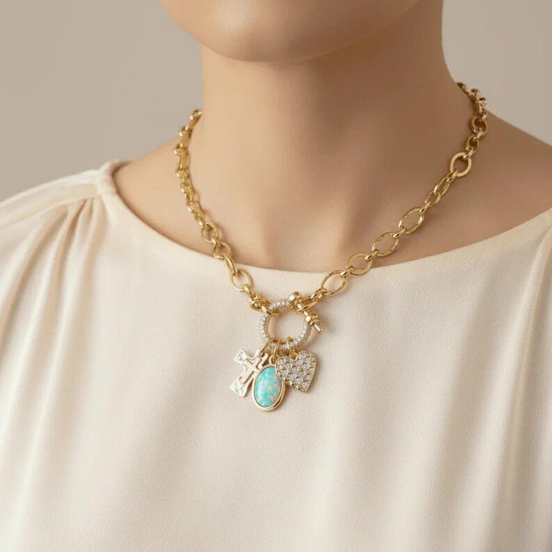 Two Tone Cross, Faux Opal and Heart Shackle Clasp Carabiner Necklace, Gold - 20 inch - - LadybugfeetDesigns -
