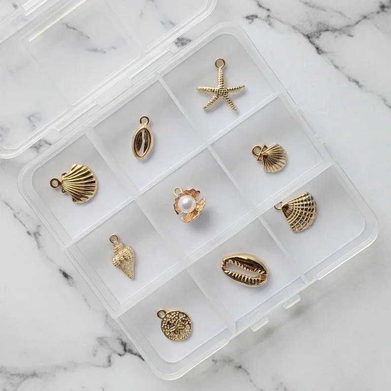 Beach Shells Charm Box - 9 pc., Gold - - LadybugfeetDesigns -
