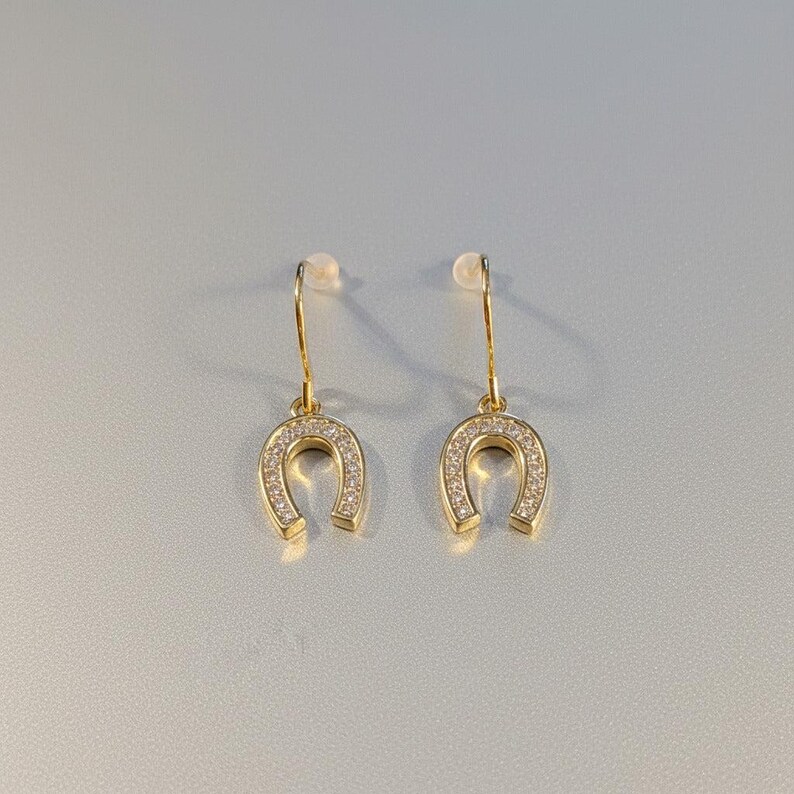 CZ Horseshoe dangle earrings, Gold - - LadybugfeetDesigns -