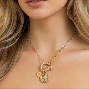 Opal Sun, Crescent Moon and Heart Shackle Clasp Carabiner Necklace, Gold - Adjusts up to 20 inches - - LadybugfeetDesigns -
