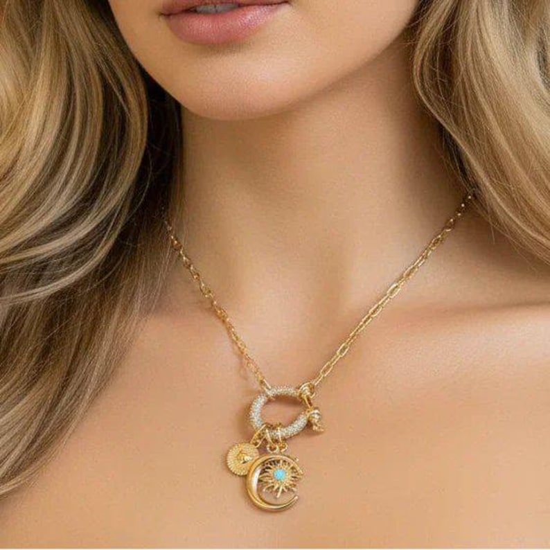 Opal Sun, Crescent Moon and Heart Shackle Clasp Carabiner Necklace, Gold - Adjusts up to 20 inches - - LadybugfeetDesigns -