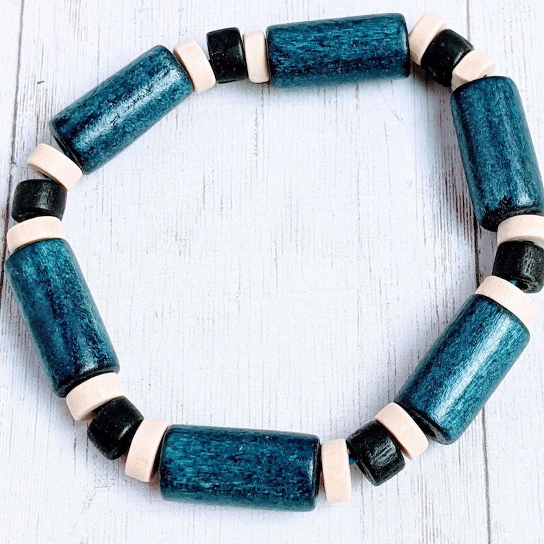 Blue Barrel Bead Stretch bracelet - Unisex - - LadybugfeetDesigns -