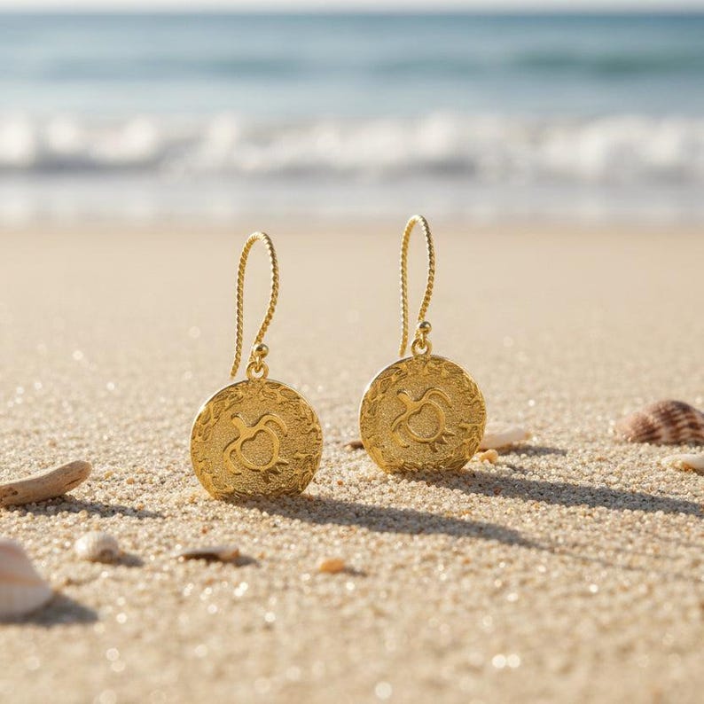 Hawaiian Sea Turtle Disc Hook Earrings, Gold - - LadybugfeetDesigns -