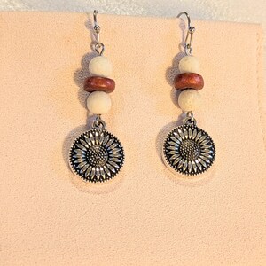 Large Sunflower Beaded Hook Earrings, Silver - - LadybugfeetDesigns -