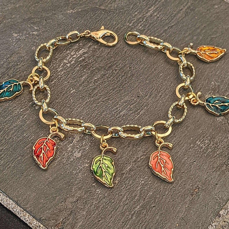 Autumn Leaves Textured Gold Chain Bracelet - - LadybugfeetDesigns -