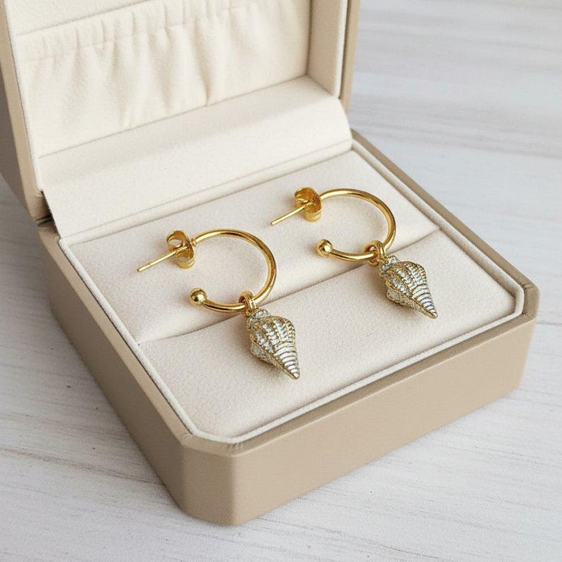 White Pearl Conch Seashell gold hoop earrings, Hoop Drop, 16mm - - LadybugfeetDesigns -